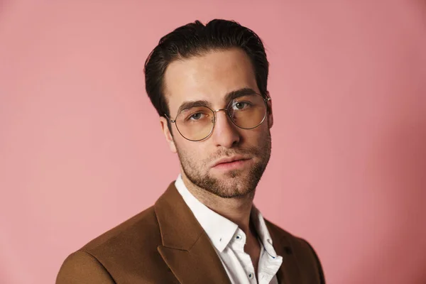 Unshaven White Man Eyeglasses Posing Looking Camera Isolated Pink Background — Stock Fotó