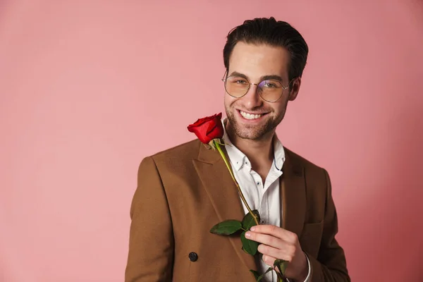 Happy Mid Aged Brunette Man Jacket Holding Red Rose Pink – stockfoto