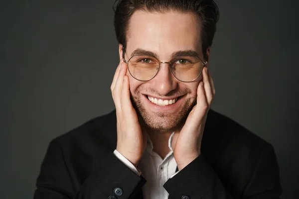 Unshaven Brunette Man Smiling Looking Camera Isolated Black Background — Stock Photo, Image