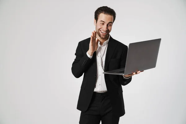 Unshaven Brunette Man Jacket Gesturing While Using Laptop Isolated White — Stock Photo, Image