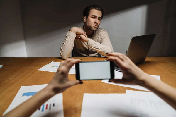 Serious Brunette Entrepreneur Sitting Office Interview Boss Holding Blank Screen — ストック写真