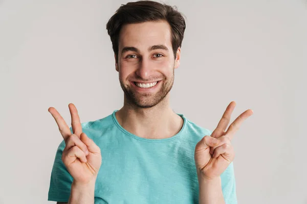 Close Portrait Smiling Casual Young Man Isolated Gray Background Showing — Stock Photo, Image