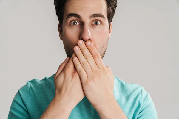 Shocked Handsome Guy Covering His Mouth Looking Camera Isolated White — Stock Photo, Image