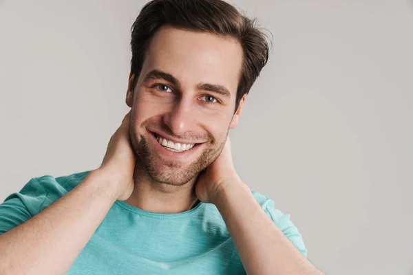 Happy Attractive Young Casual Man Isolated Gray Background Close Posing — Stock Photo, Image