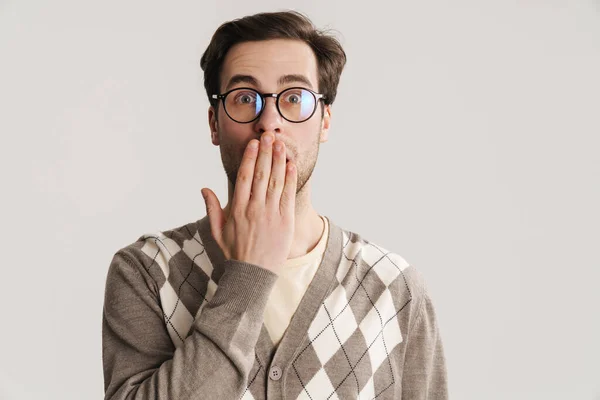 Surprised Handsome Guy Covering His Mouth Looking Camera Isolated White — kuvapankkivalokuva