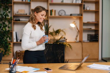 Ofis masasında dizüstü bilgisayarla çalışan başarılı genç bir iş kadını.