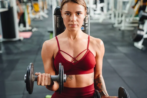 stock image Image of strong young woman fitness coach making sport exercise for arms with dumbbells in gym