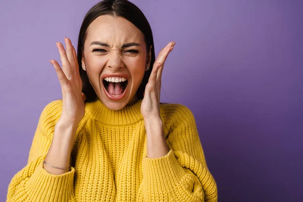 Close Portrait Angry Pissed Aggressive Woman Screaming Shaking Hands Anger — Stockfoto