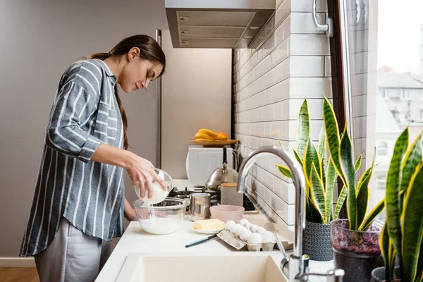 Pleased Beautiful Woman Making Pancake Dough Home Kitchen — 图库照片