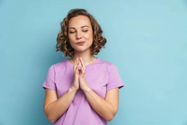 Young Ginger Woman Wavy Hair Posing Holding Palms Together Isolated — Stock Photo, Image