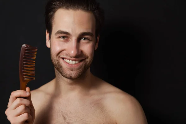 Smiling Mid Aged Brunette Shirtless Man Showing Hair Comb Black — Stock Photo, Image