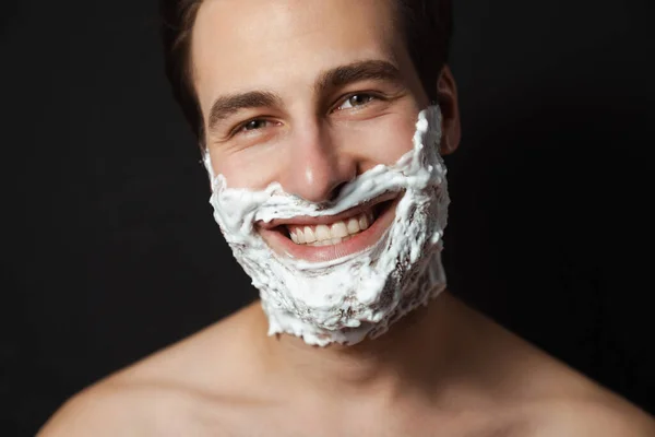 Portrait Smiling Mid Aged Brunette Shirtless Man Shaving Foam His — Stock Photo, Image