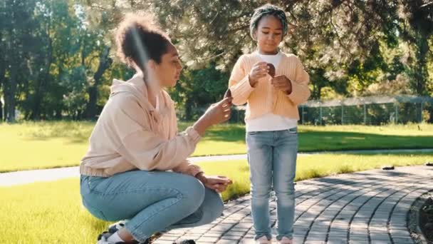 一个快乐的非洲裔美国女孩抱着一个松果在公园里和妈妈一起散步 — 图库视频影像