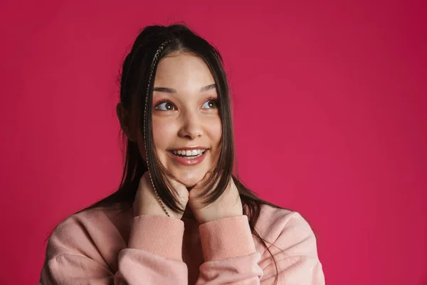 Asiatico Bruna Felice Donna Sorridente Guardando Parte Isolato Muro Viola — Foto Stock