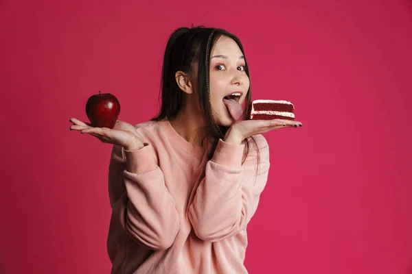 Asian Excited Woman Showing Her Tongue While Posing Apple Cake — Stock Photo, Image