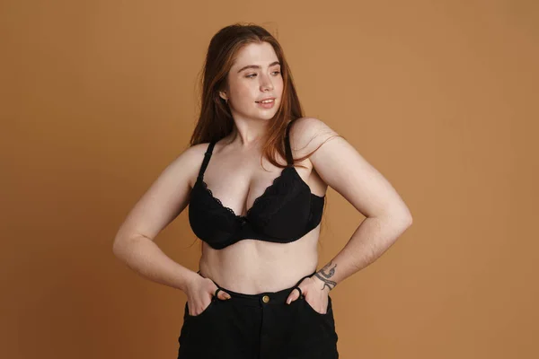 Smiling Young Size Woman Wearing Bra Posing Beige Wall Background — Stock Photo, Image
