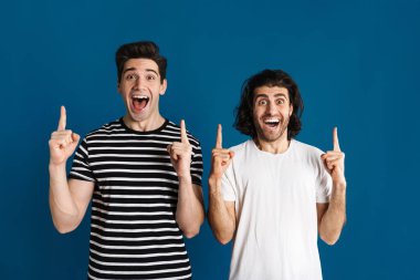 Beyaz, iki adamı heyecanlandırdı. Çığlık atıyor ve işaret ediyor. Mavi arka planda tek başına.