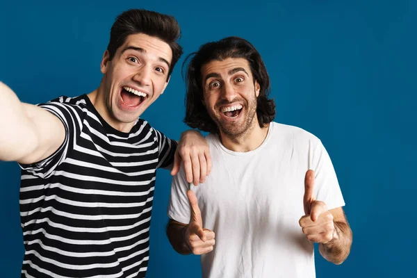 White Excited Two Men Pointing Finger Camera While Taking Selfie — Stock Photo, Image