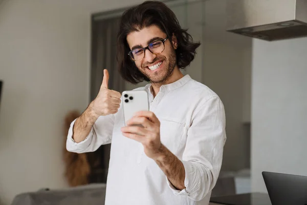 Smiling Mid Aged Turkish Man Taking Selfie Mobile Phone While — Stock Photo, Image