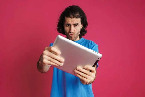 Neoholený Bílý Muž Hraje Online Hry Tabletu Počítače Izolované Přes — Stock fotografie