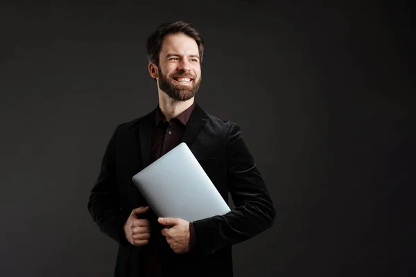 Bearded Happy Man Black Jacket Smiling While Posing Laptop Isolated — Stock Photo, Image