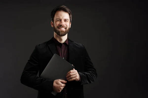 Bearded Happy Man Black Jacket Smiling While Posing Laptop Isolated — Stock Photo, Image