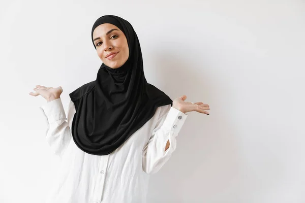 Positive Muslim Woman Hijab Spreading Her Arms Sides Standing White — Stock Photo, Image