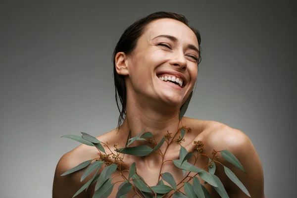 Portrait Happy Topless Adult Woman Posing Eucalyptus Smiling Isolated Gray — Stock Photo, Image