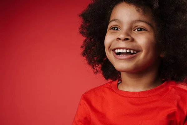 Smiling Little African Boy Everyday Clothes Red Wall Background Looking — 스톡 사진