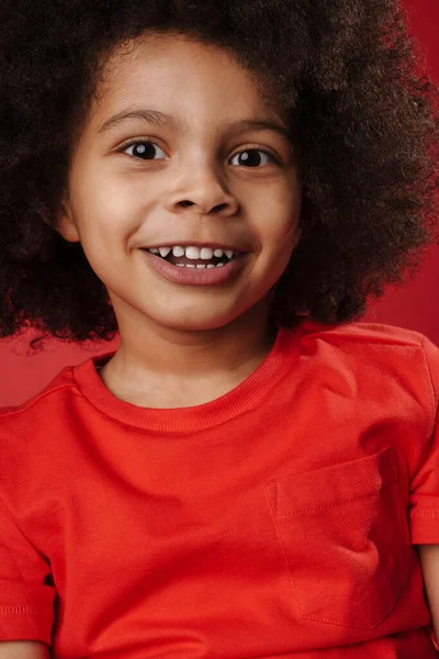 Smiling Little African Boy Everyday Clothes Red Wall Background — 스톡 사진