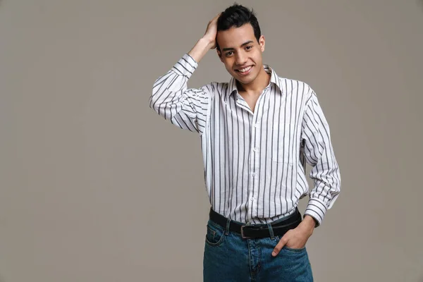 Brunette Hispanic Man Shirt Smiling Looking Camera Isolated Grey Background — Stock Photo, Image