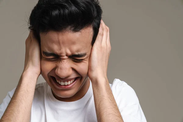 Unhappy Hispanic Man Headache Frowning Holding His Head Isolated Grey — Stock Photo, Image