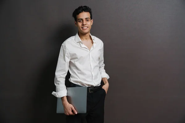 Happy Mid Aged Brunette Businessman Shirt Holding Laptop Dark Wall — Stock Photo, Image