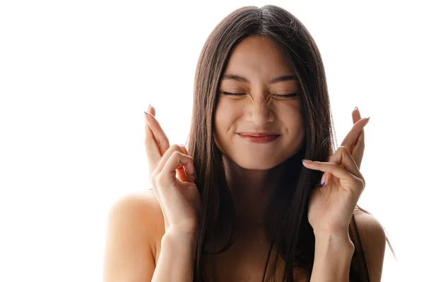 Joven Asiática Excitada Mujer Sosteniendo Dedos Cruzados Para Buena Suerte —  Fotos de Stock