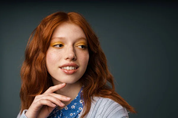 Young Ginger Pleased Woman Posing Looking Aside Isolated Grey Background — Stock Photo, Image