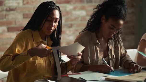 Mujeres Hermosas Multinacionales Están Trabajando Juntas Proyecto Arte — Vídeo de stock