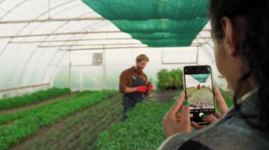A cropped close-up view of a woman is taking photo of a farmer caring seedlings in a greenhouse
