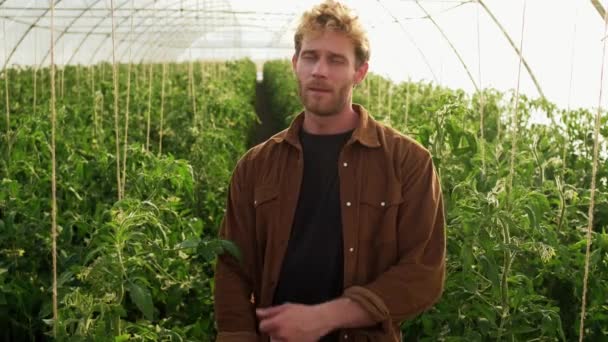 Confident Farmer Standing Greenhouse — Stok video