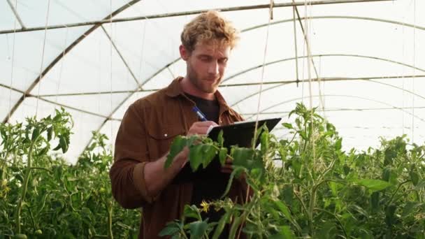 Farmářský Expert Dělá Poznámky Schránky Zatímco Stará Rostliny Skleníku — Stock video