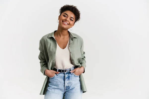 Young Black Woman Shirt Smiling Looking Camera Isolated White Background — Stockfoto