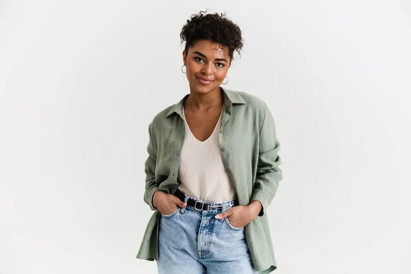 Young Black Woman Shirt Smiling Looking Camera Isolated White Background — Stockfoto