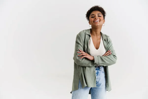 Young Black Woman Shirt Laughing Looking Camera Isolated White Background — Stockfoto