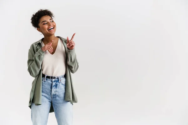Happy Casually Dressed Young African Woman Standing White Wall Background — Stockfoto