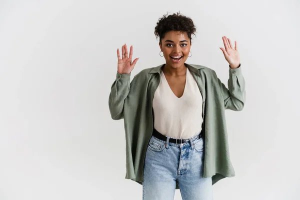 Young Black Woman Shirt Laughing Showing Her Palms Isolated White — Stockfoto