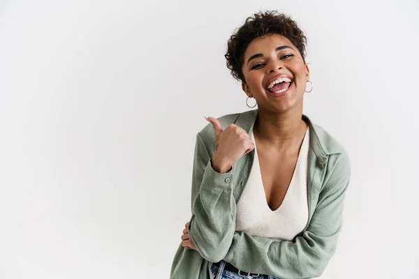 Young Black Woman Shirt Laughing Pointing Finger Aside Isolated White — Foto de Stock