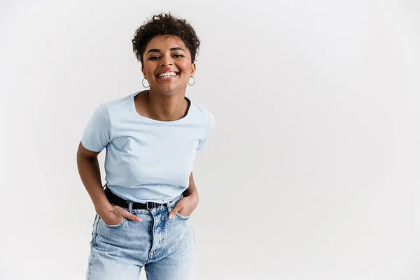 Young Black Woman Shirt Smiling Looking Camera Isolated White Background — Stok fotoğraf