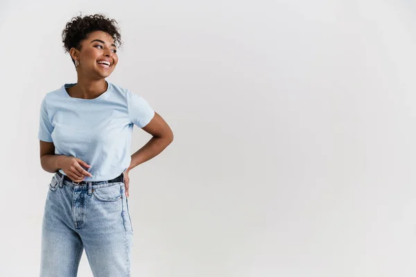 Young Black Woman Shirt Laughing Looking Aside Isolated White Background — Stockfoto