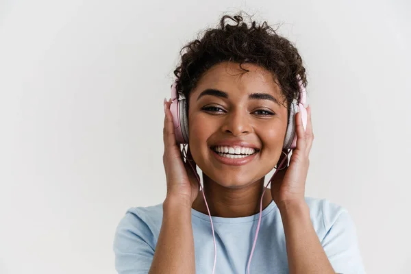 Smiling Black Woman Shirt Listening Music Headphones Isolated White Background —  Fotos de Stock