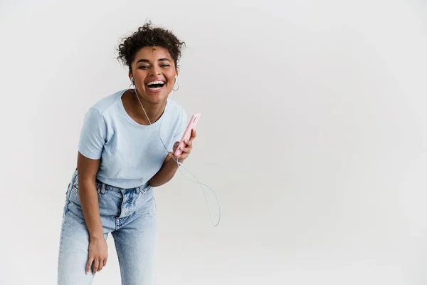 Laughing Black Woman Listening Music Headphones Cellphone Isolated White Background — Foto Stock