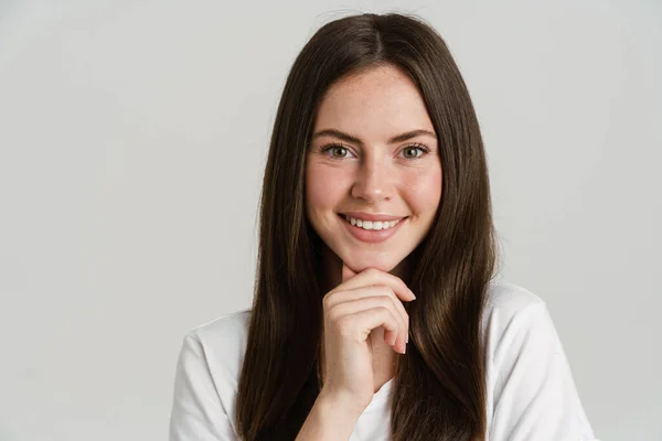 Close Portrait Smiling Young White Woman Long Brown Hair Wearing — Stockfoto